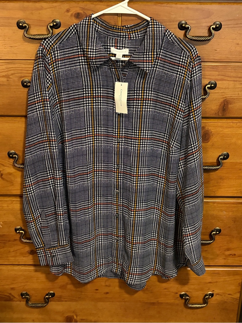 Charter Club Navy Glen Plaid Button-Down Shirt with Accent Orange Stripes